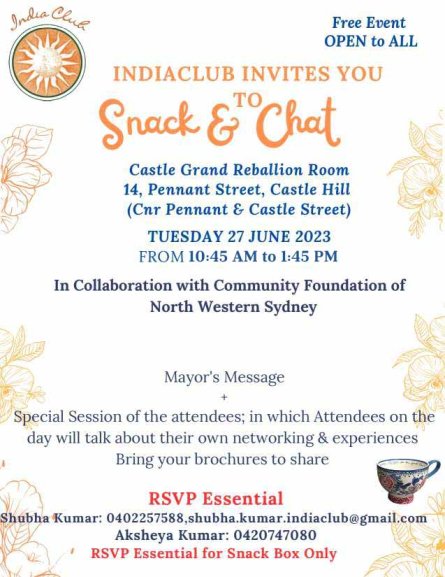 India Club inviting to the Snack & Chat session -  Special Session of the attendees